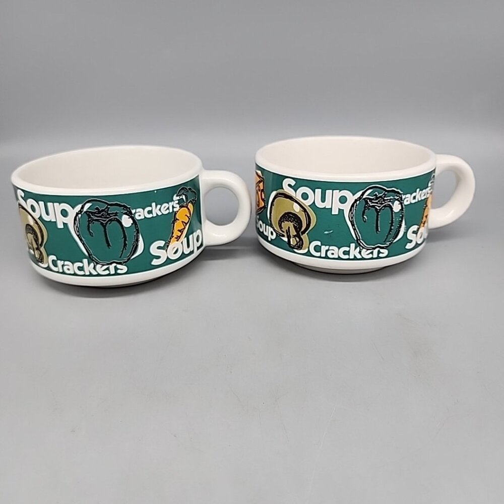 Houston Harvest Set of 2 Soup Mugs Cups  Handles Vegetable Design Soup Theme